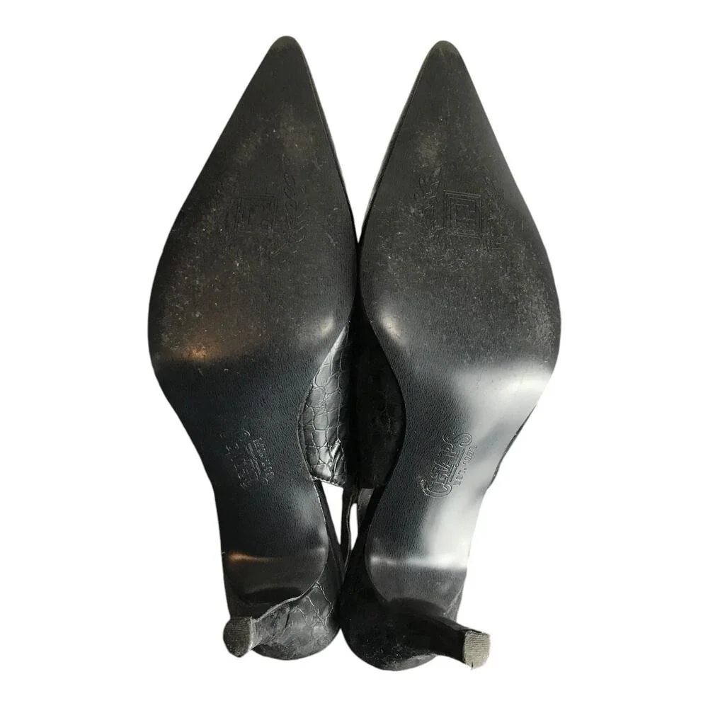 Chaps‎ Slingback Pumps Women 9.5 Black Croc Embossed Leather Pointed Toe Classic